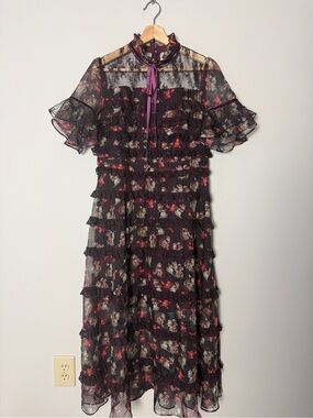 LuluAlways LKB590F Black Cat Print Lace Ruffle Midi Dress Size 11 (170/92A)